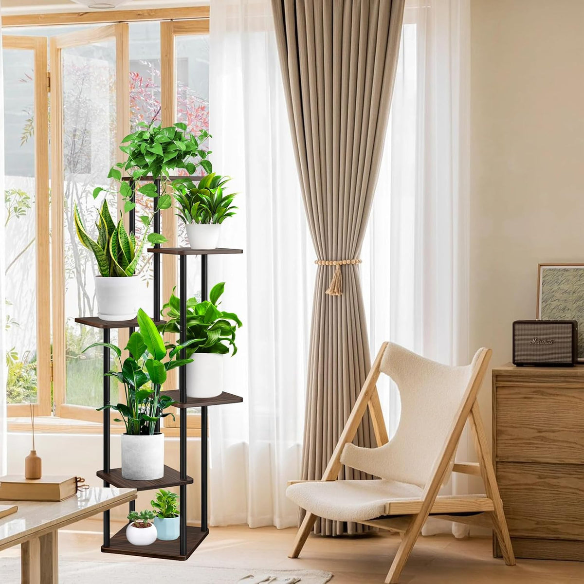 6 Tier Wood Tall Plant Stand Metal Rack Indoor, Multiple Flower Pot Holder Shelves Corner Rack