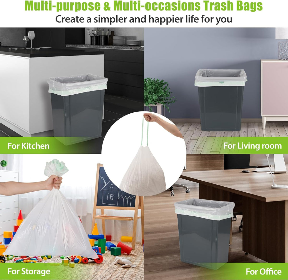Large Trash Bags 13 Gallon Tall Kitchen Drawstring 100% Post-Consumer Recycled Garbage Bags Waste