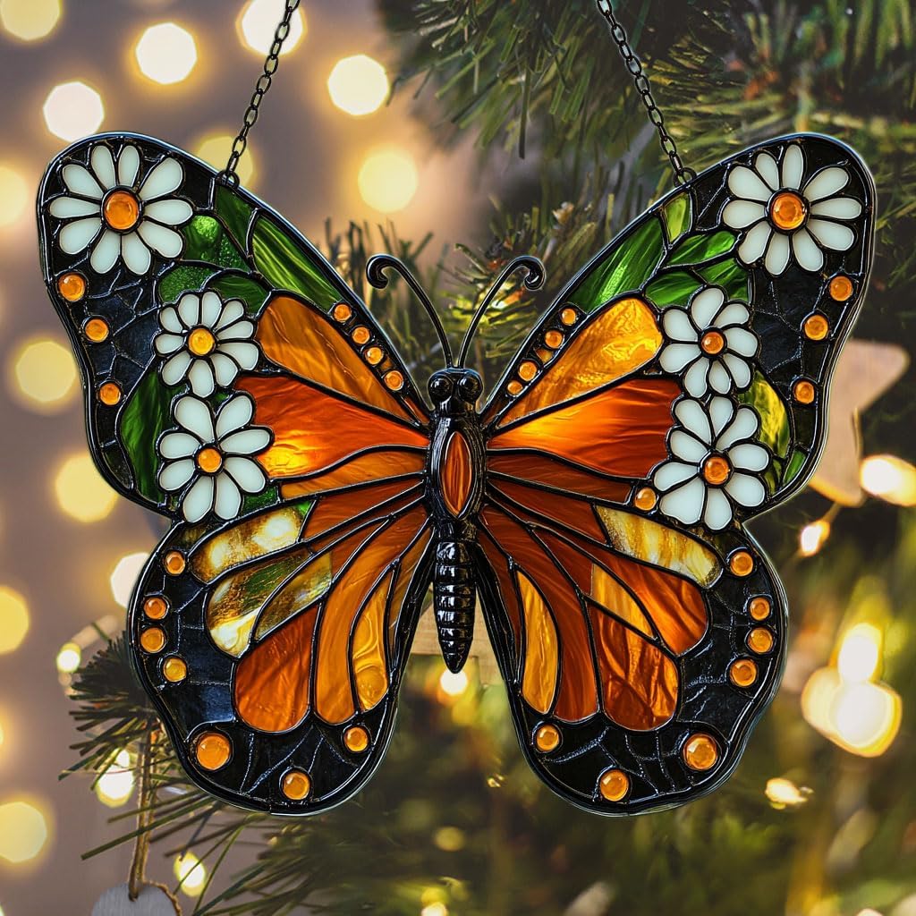 Floral Monarch Acrylic Suncatcher Stained Glass Effect Window Car Hanging Christmas Ornament Indoor