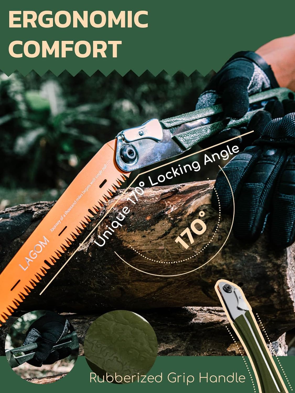 LAGOM Folding Camp Saw for Cutting Branches, 8.2" Straight Blade | SK5 Steel, Ergonomic Handle