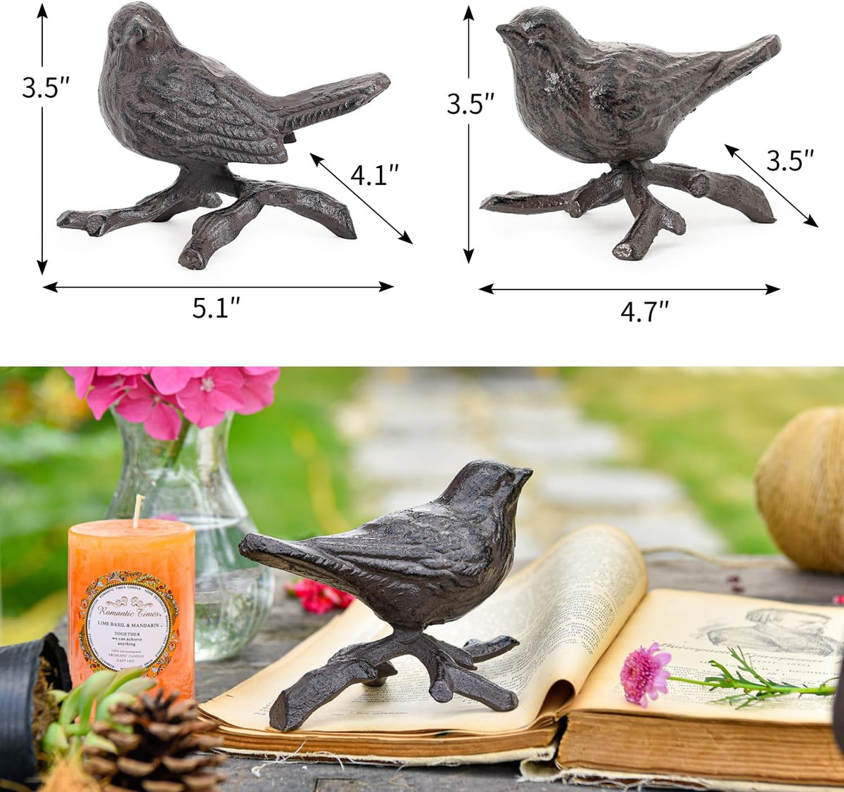 Sungmor Cast Iron Small Bird Statues, Set of 2 Realistic Rust Brown Bird with Branch Collectible