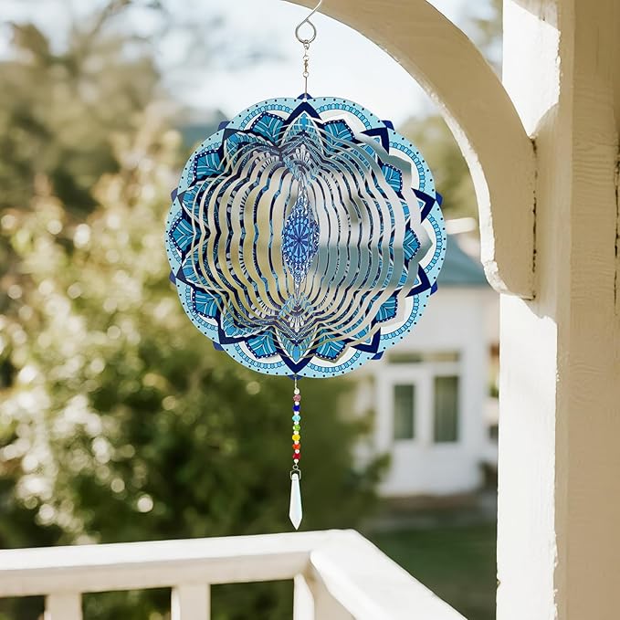 Wind Spinners Outdoor with Crystal Tail, Marzovitra Stainless Steel 3D Kinetic 10 Inch Garden Decor