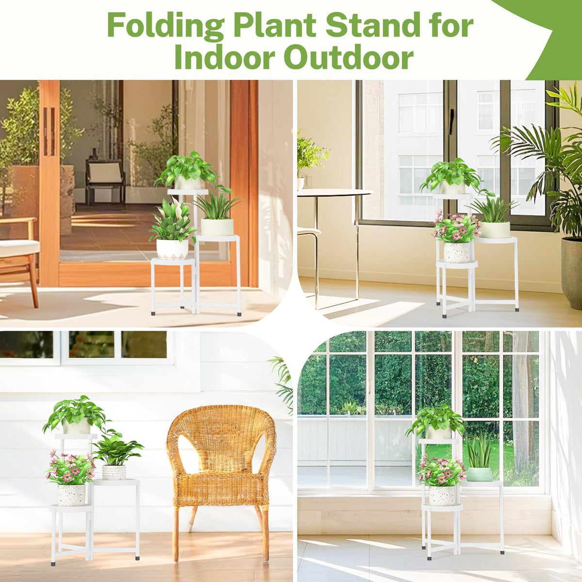 iDavosic.ly 3 Tier Folding Plant Stand Indoor Outdoor with Plastic Tray, Tiered Corner Flower