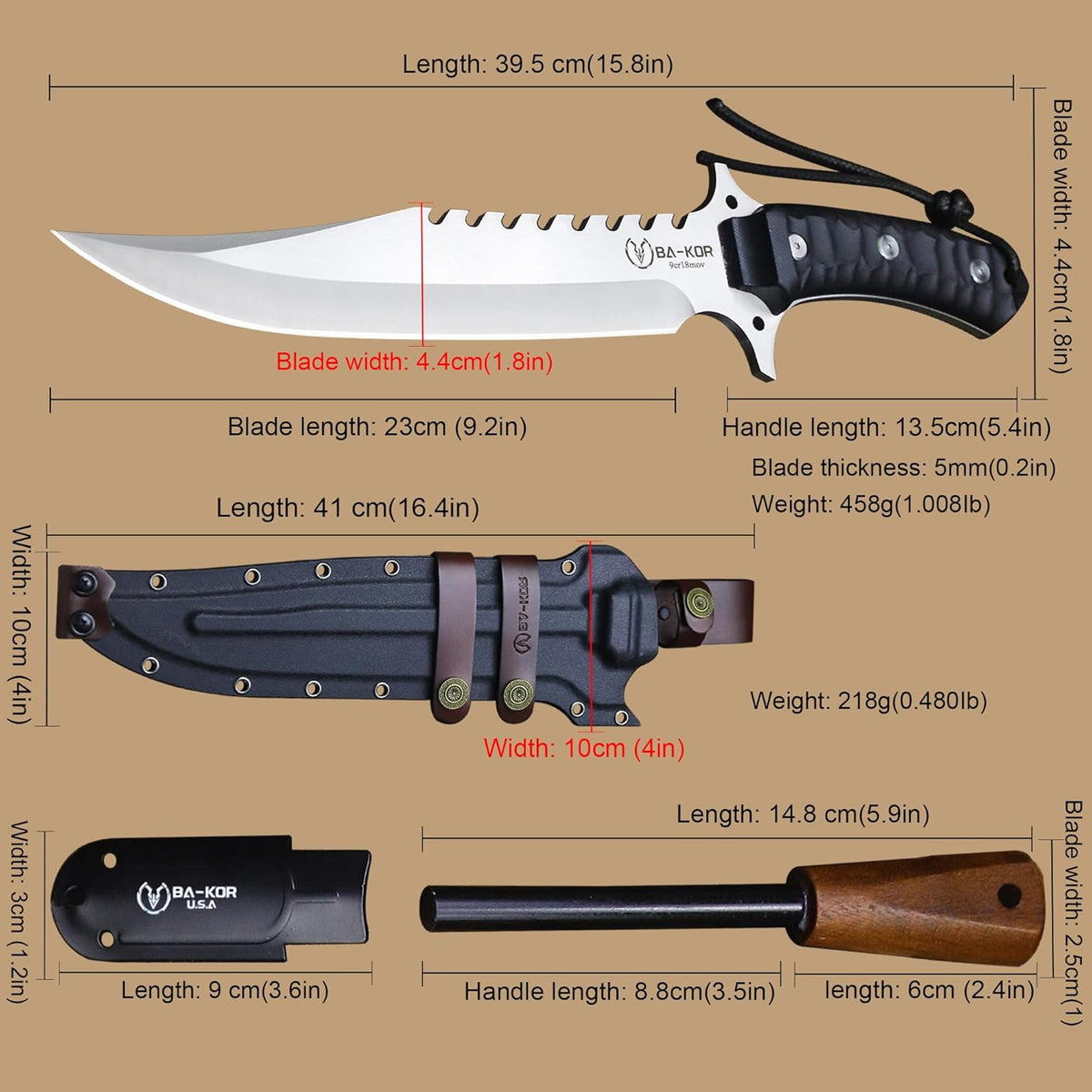 BA-KOR (15.8 inches) 5mm full Tang 9CR18MOV steel nylon fiber handle Bowie knife + sheath + (5.9