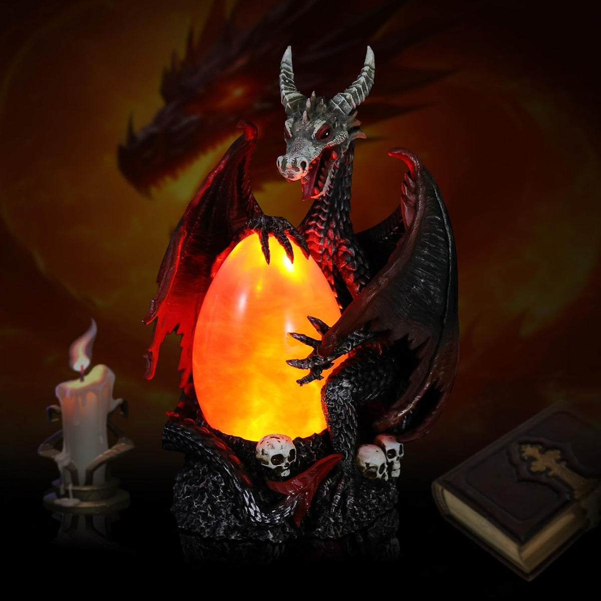Evil Dragon Snow Globe Statue, Illuminated Water Filled Egg, Rotating Mist Effect, Skull-Embedded