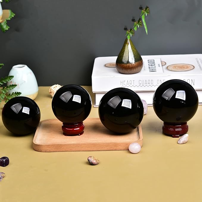 JIC Gem Small Black Obsidian Sphere Crystal Ball with Wooden Stand for Fengshui Healing Meditation