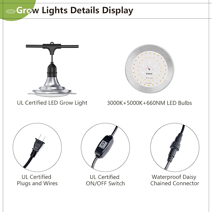 Espird Outdoor LED Grow Light, 12-Light Full Spectrum Grow Light Strip, Waterproof Plant Growing