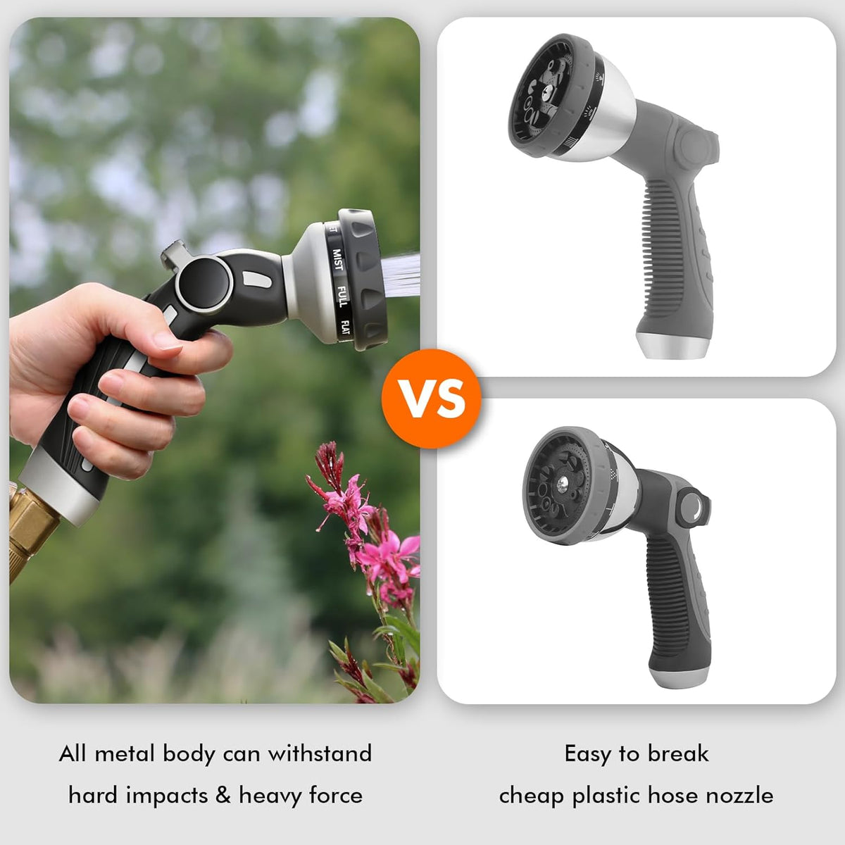 RESTMO Water Hose Nozzle, Metal Garden Hose Sprayer, Heavy Duty | 9 Spray Patterns | High Pressure