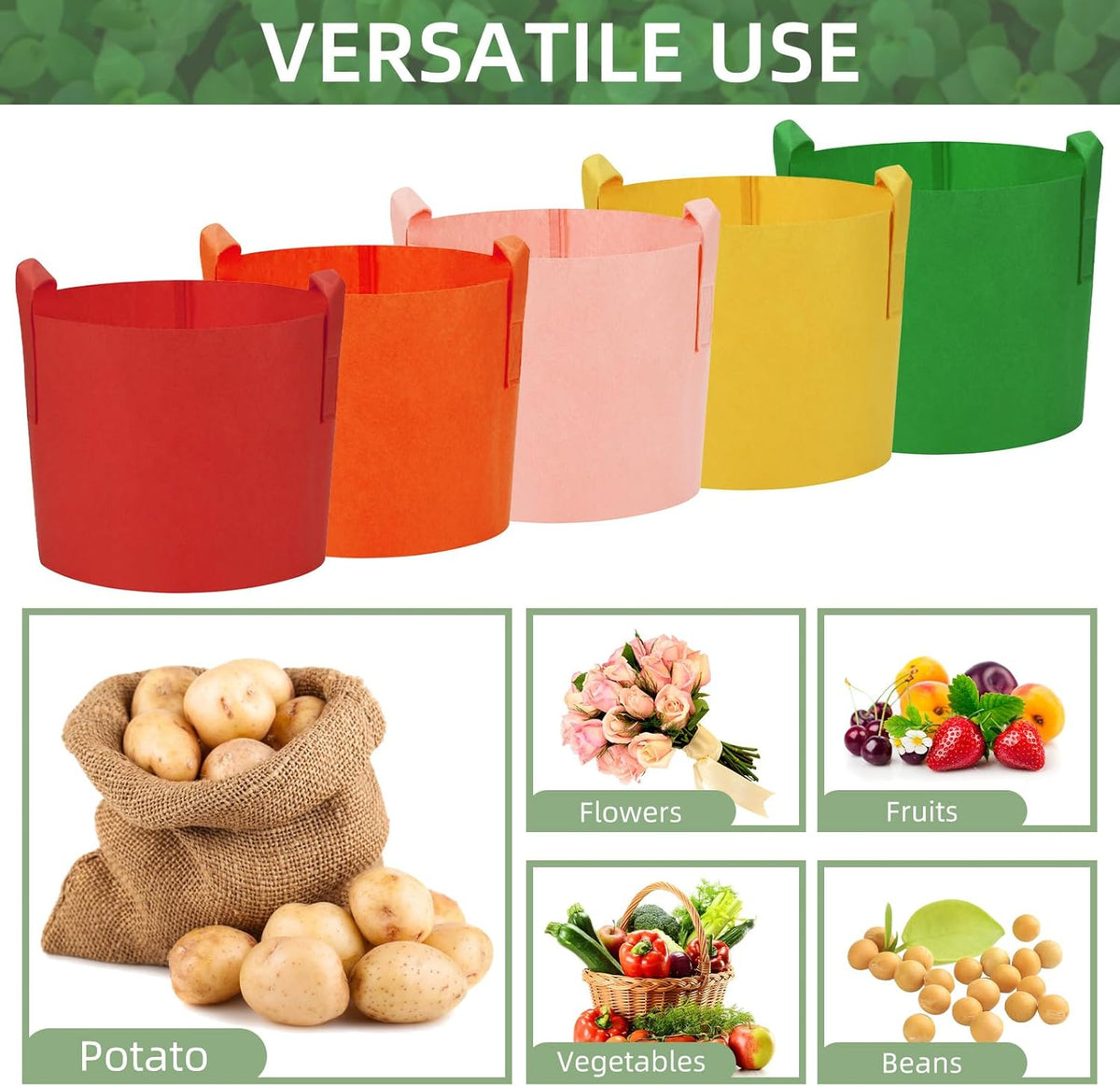 20 Pack 15 Gallon Grow Bags, Colorful Potato Plant Grow Bags with Handles, Nonwoven Garden Fabric