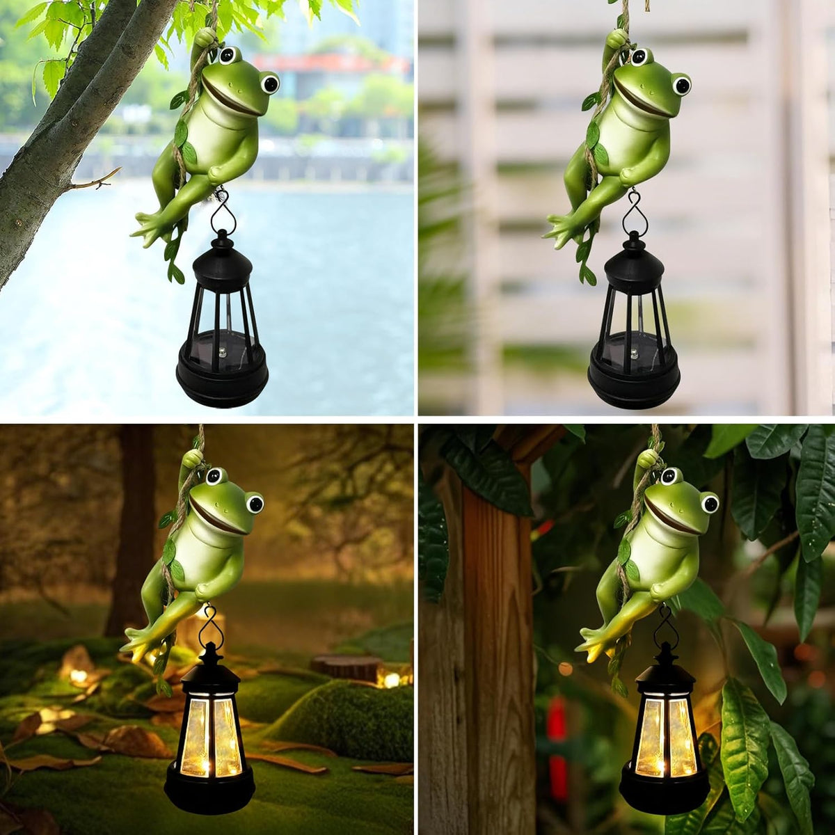 Solar Frogs Outdoor Garden Statues, Halloween Hanging Climbing Rope Frog on a Vine with Lantern