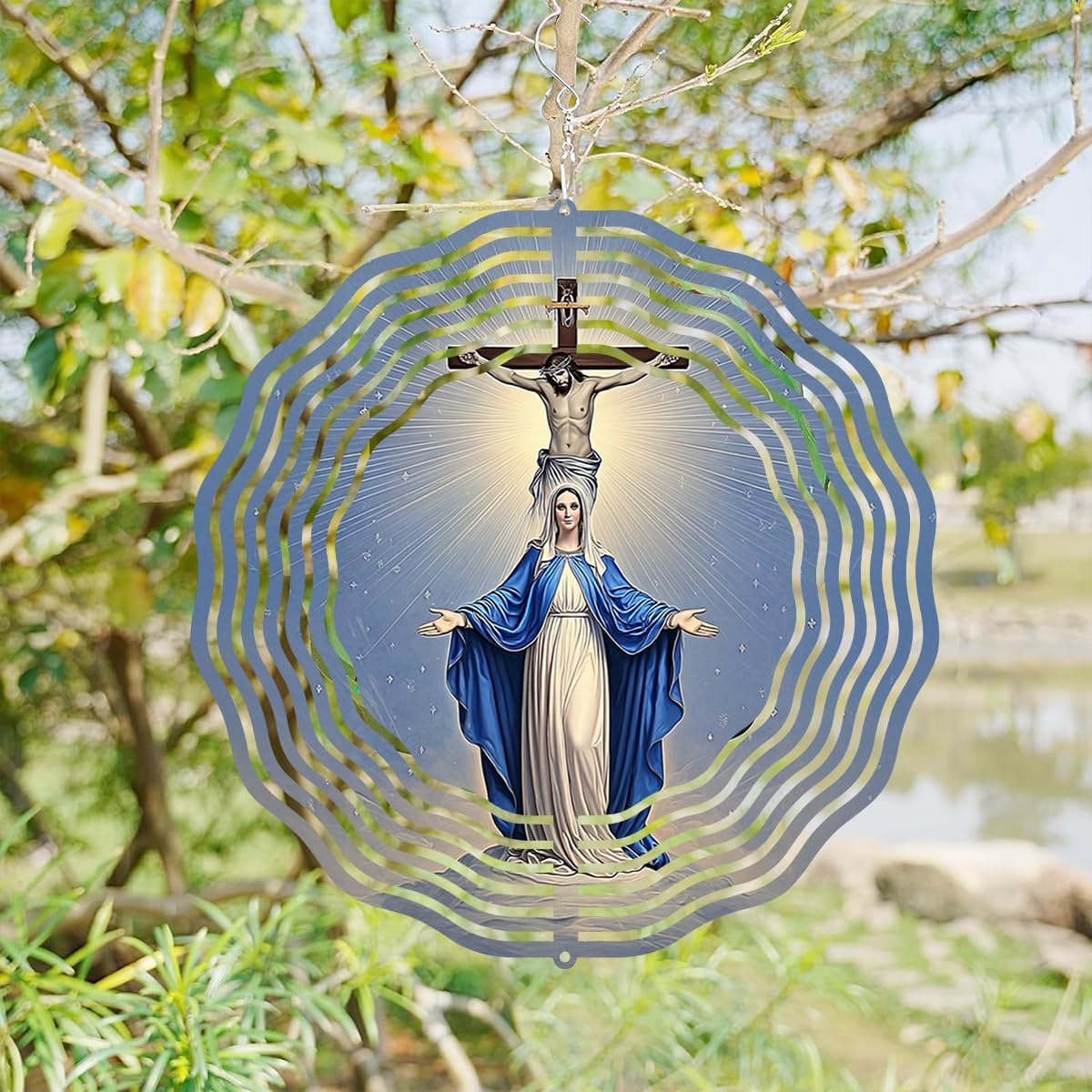 Religious Cross Jesus Wind Spinner, Metal Wind Spinners Outdoor Indoor, Virgin Mary Garden Decor