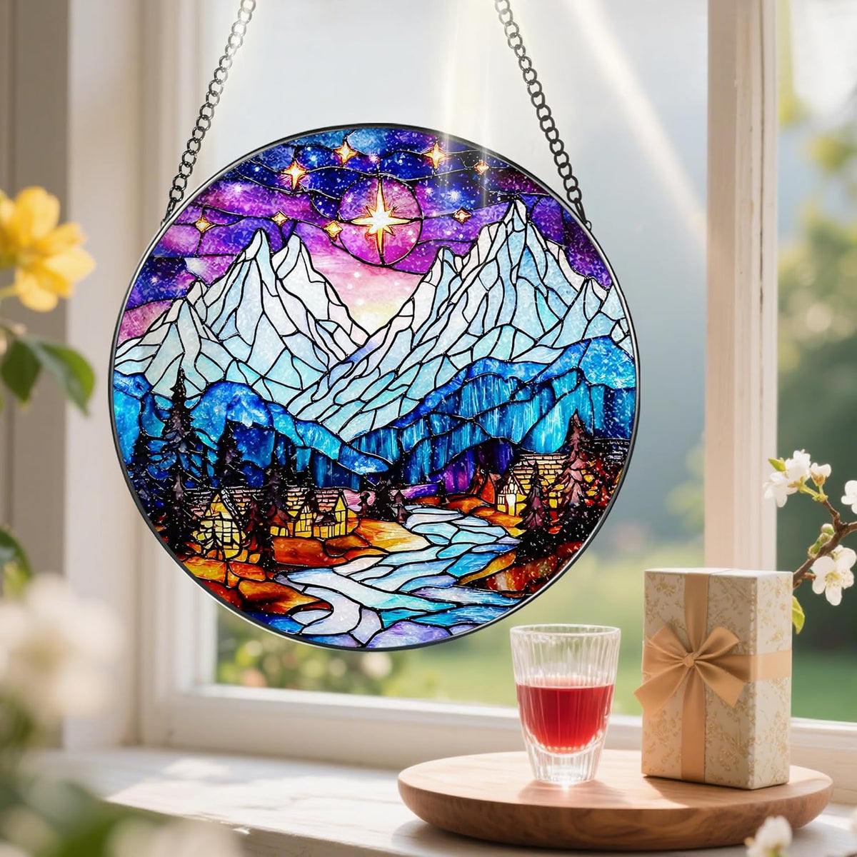 Stained Glass Window Hanging, Pauyadu 8 Inch Night Court Sun Catcher, Stained Glass Suncatcher