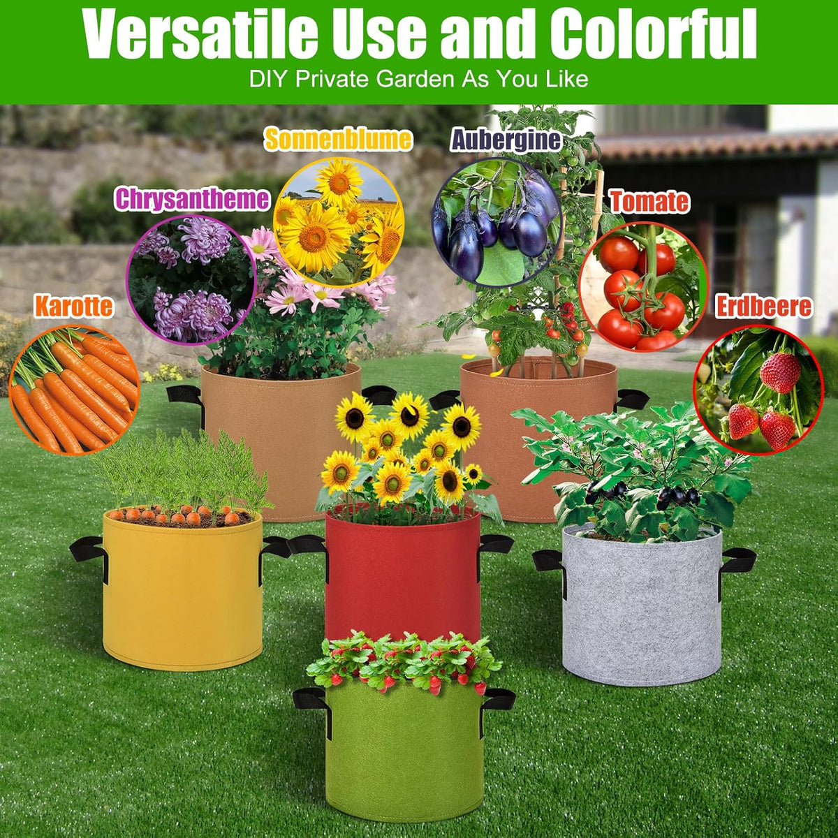 15 Gallon Grow Gags, 6 Pack Multicolor Fabric Plant Pot Bags with Long Handles for Garden