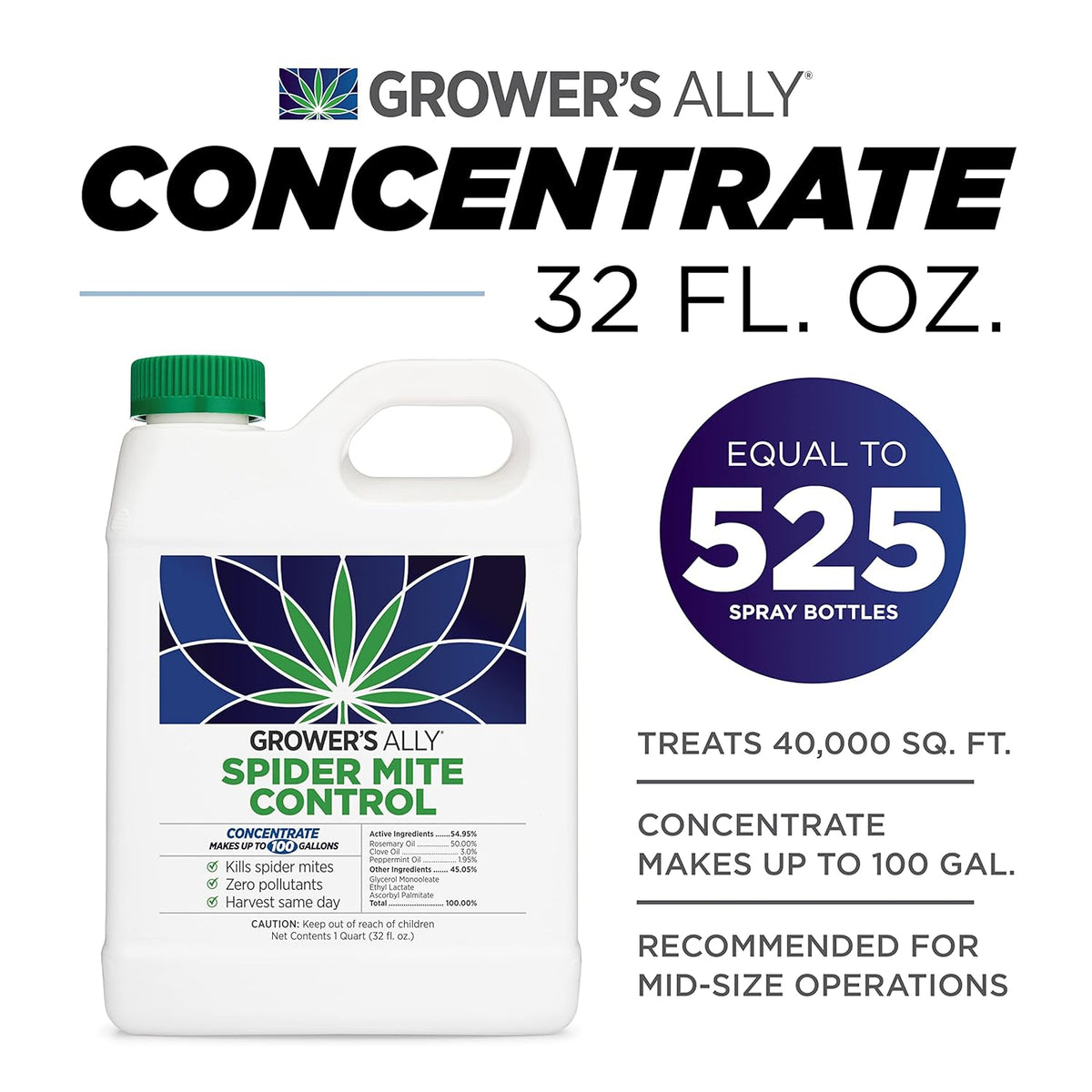 Grower's Ally Spider Mite Control Concentrate 1 qt | Natural Spider Mite & Insect Killer with