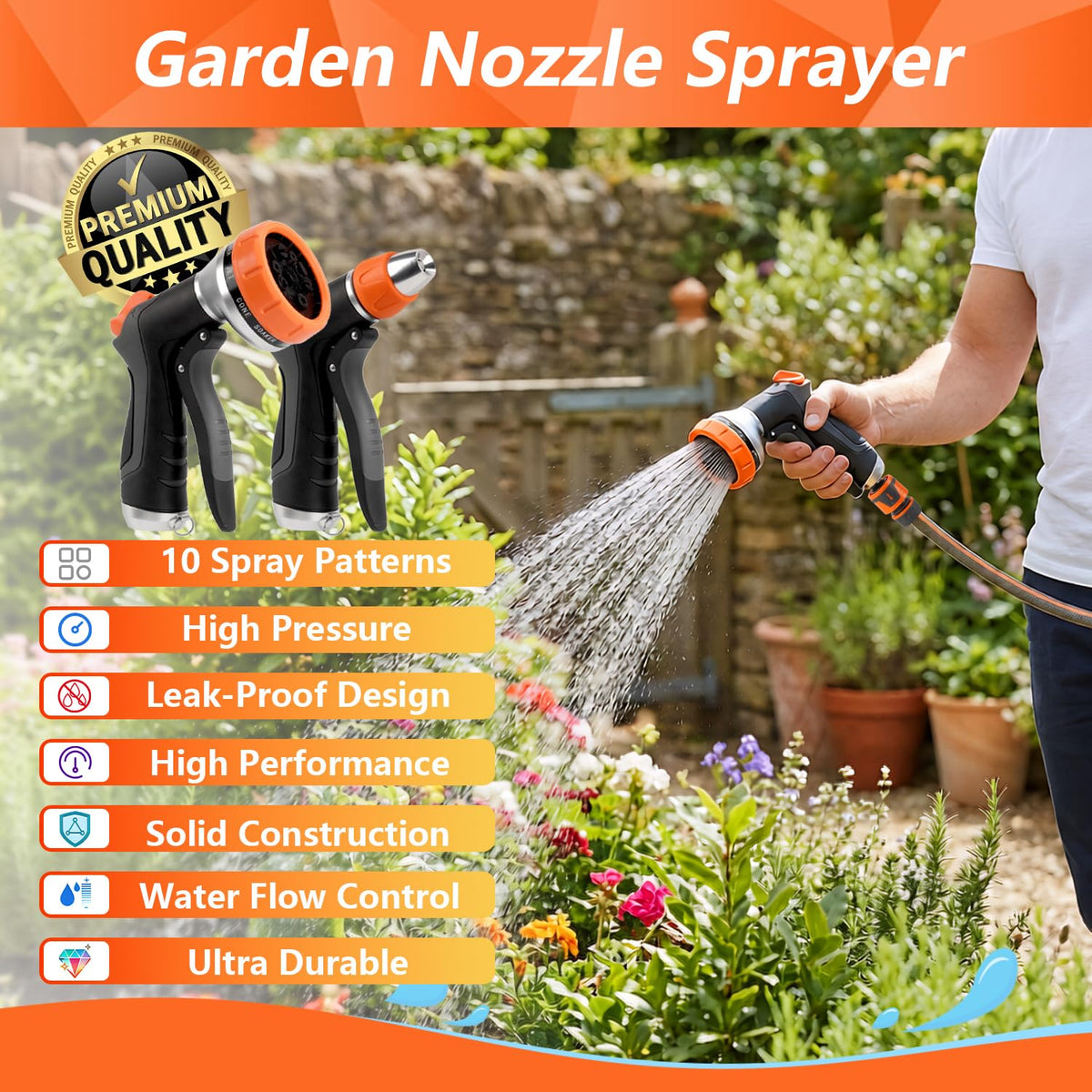 HOOFUN 2 Pack Garden Hose Nozzle High Pressure 10 & 2 Water Hose Nozzle