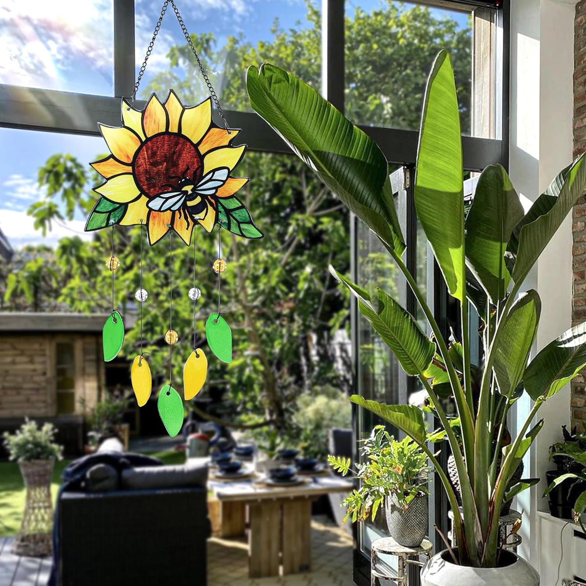 Stained Glass Suncatcher, Sunflower and Ladybug Window Hanging, 20 x 8 inches, Hand-Painted (Style