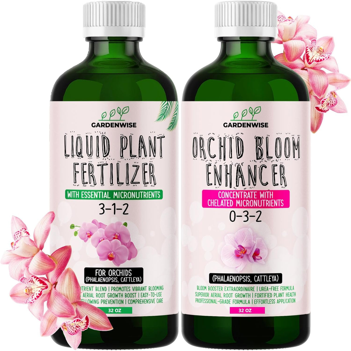 Orchid Fertilizer – Complete Orchid Plant Food Set 3-1-2 & 0-3-2 Liquid Fertilizers for Blooming