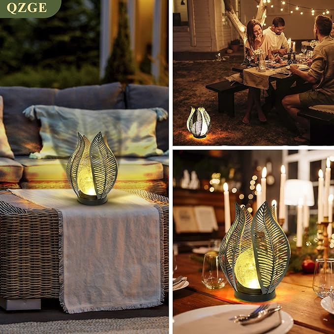 Solar Garden Lights Waterproof Decorations,Crackle Globe Glass,Metal Palm Leaf Solar Lights for