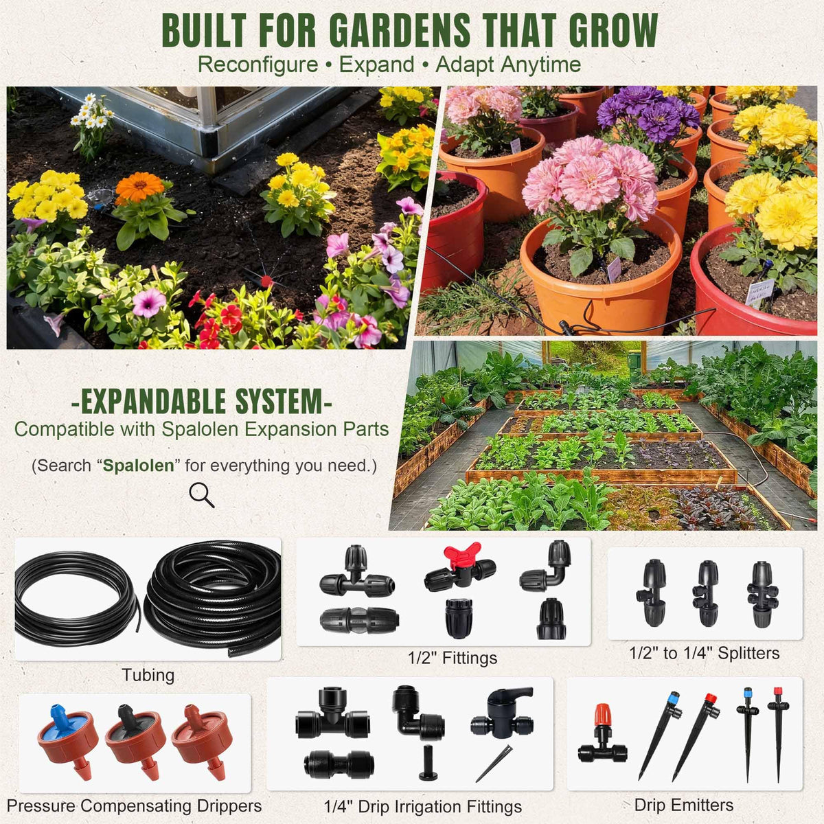 Spalolen Push-to-Connect Drip Irrigation System Kit, 2-Zone Garden Watering System with 50FT 1/2"