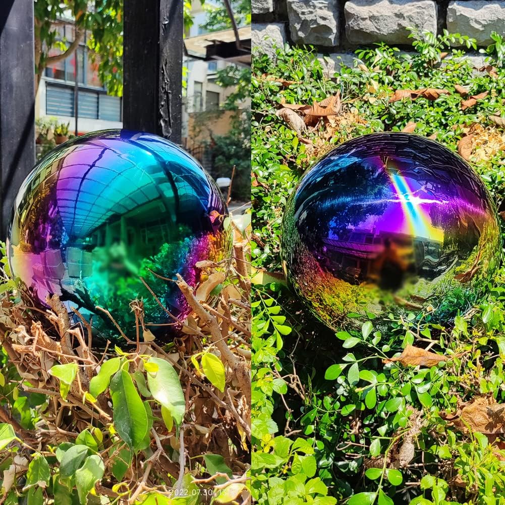10 inch Diameter Gazing Ball,Rainbow Stainless Steel Polished Reflective Smooth Garden Sphere Globe