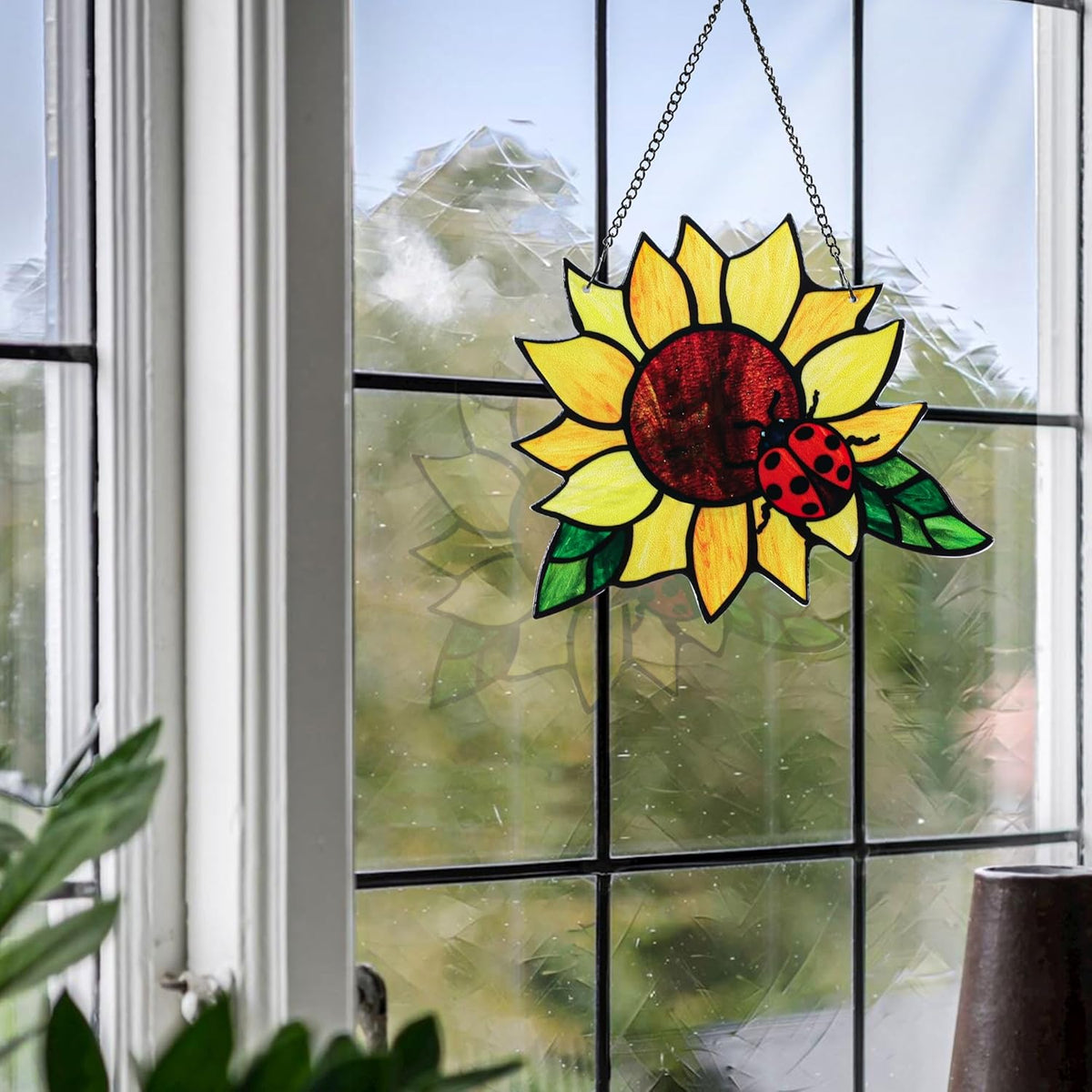 Stained Glass Suncatcher, Sunflower and Ladybug Window Hanging, Hand-Painted (Style 4)