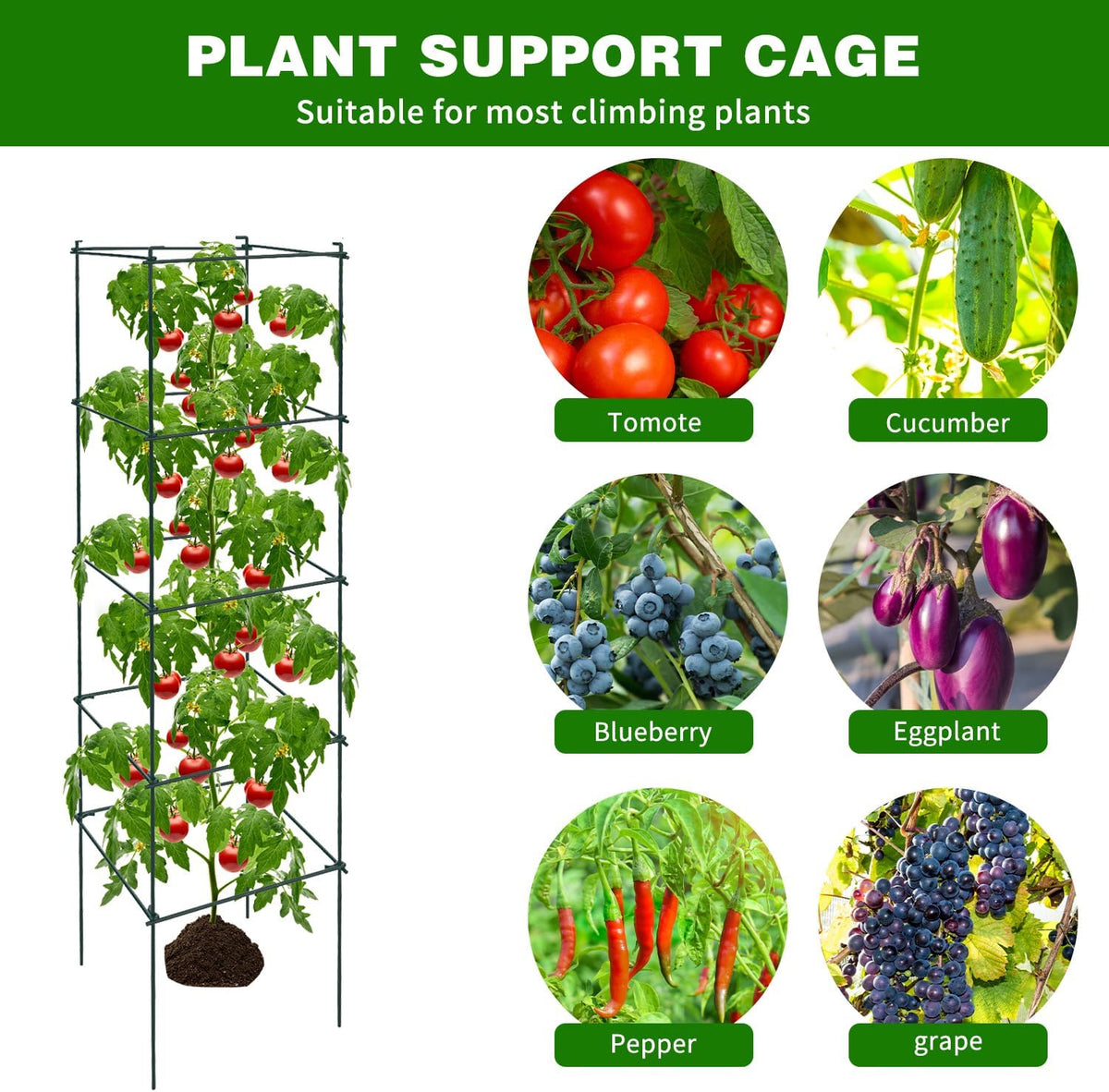 6 Packs Tomato Cages for Garden, 12"×12"×48" Plant Support Cage with Different Spacing, Green Metal