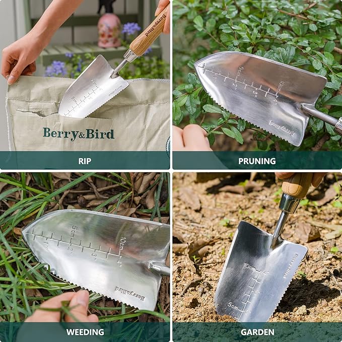 Berry&Bird Garden Serrated Planting Trowel, Multifunctional Shovel with ash Wood and Stainless
