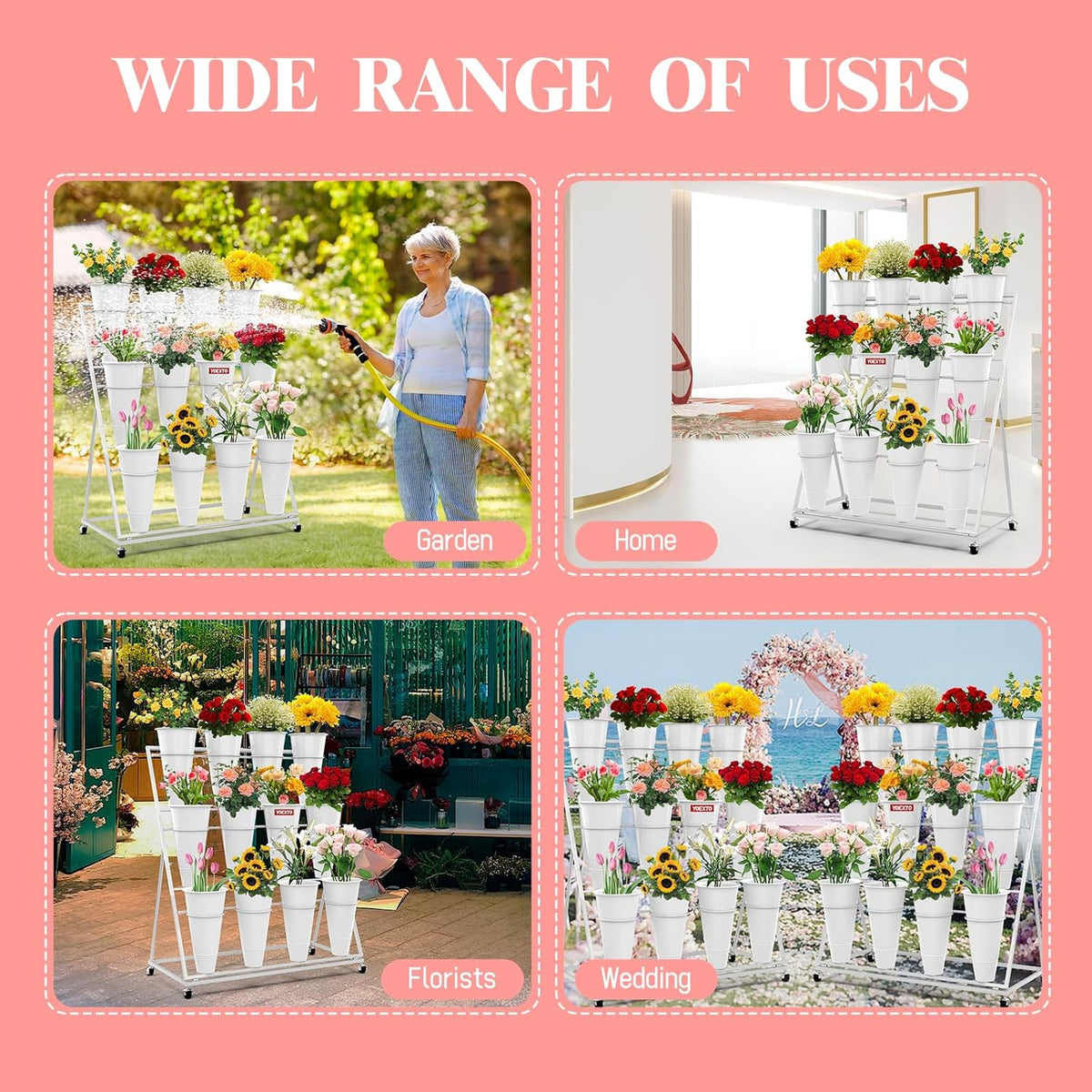 Flower Display Stand with Buckets, 3-Layers 12 PCS Buckets Plant Stand with Wheels, Movable Metal