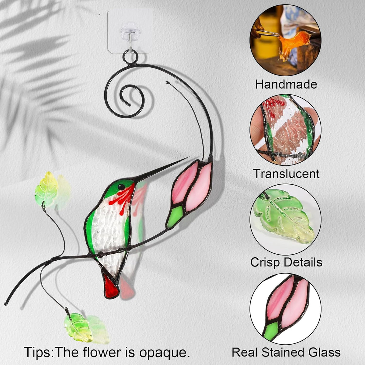Handmade Stained Glass Hummingbird Suncatcher, Window Hanging Ornament with Flower Design, Indoor