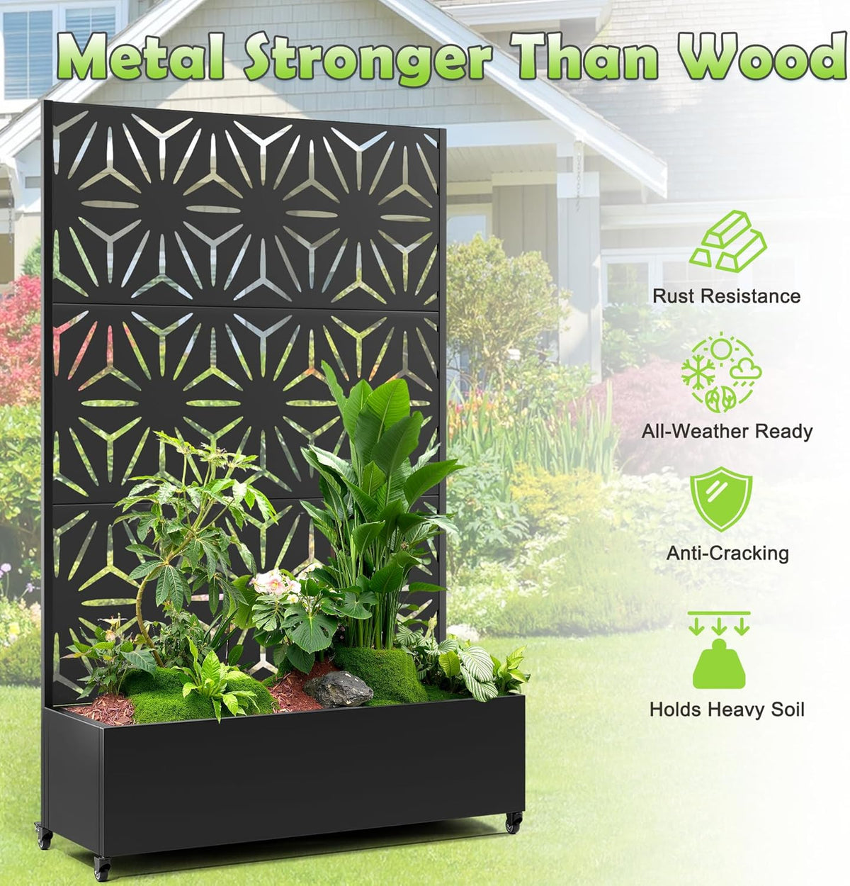 15.7"×70.9"×47.2" Metal Raised Garden Bed with Trellis and Wheels - Tall Trellis Planter Box for