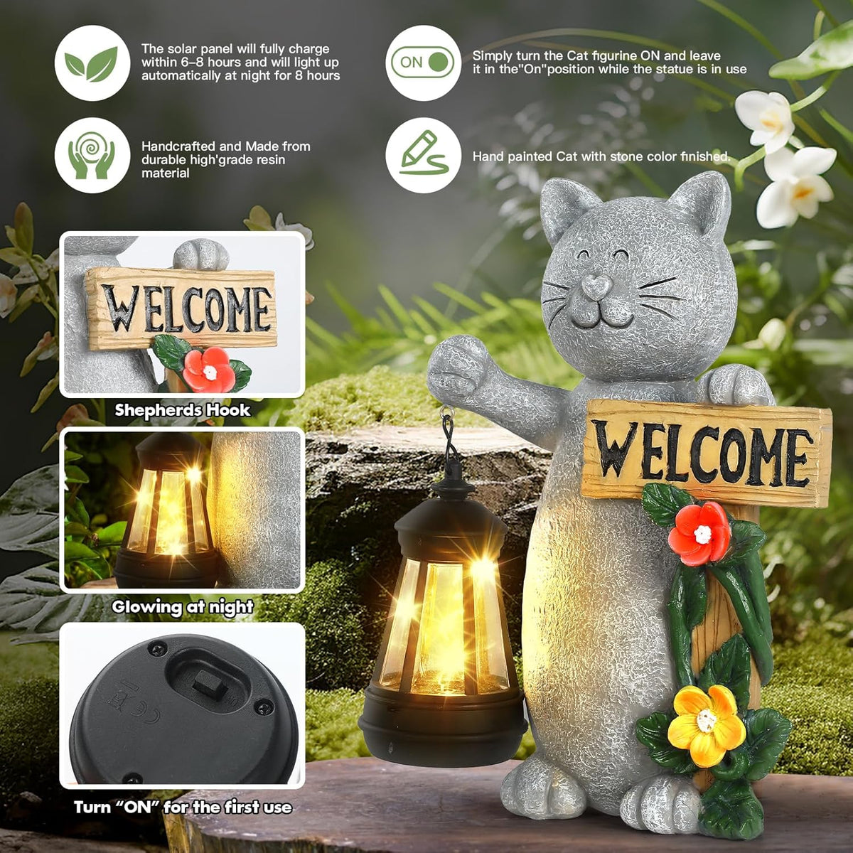 Solar Cat Statue Outdoor Decor-9.4" Welcome Garden with Sculpture Solar Lantern