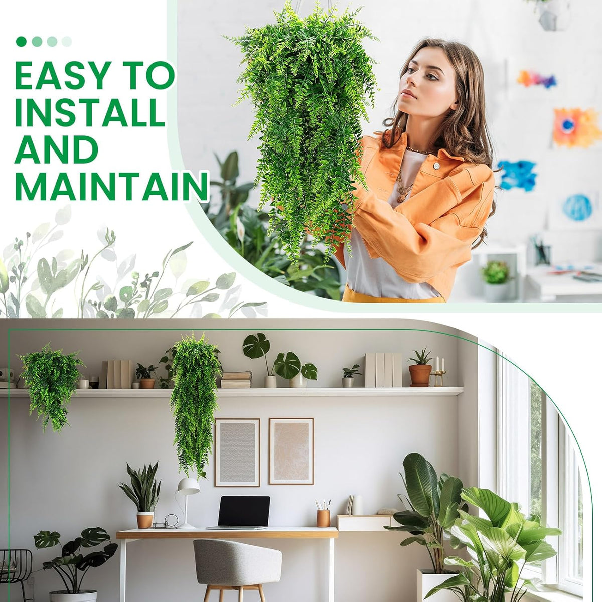 Geosar 110 Pcs Artificial Hanging Plants 32 Inch Hanging Boston Ferns Plastic Fake Plants for Wall
