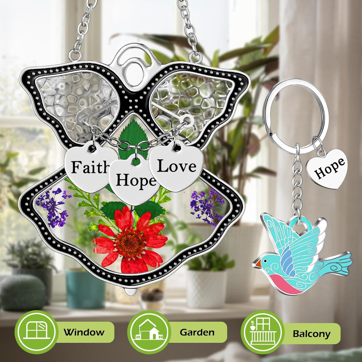 KY&BOSAM Angel Suncatcher Faith Hope Love Stained Glass for Windows Hangings Wind Chimes with