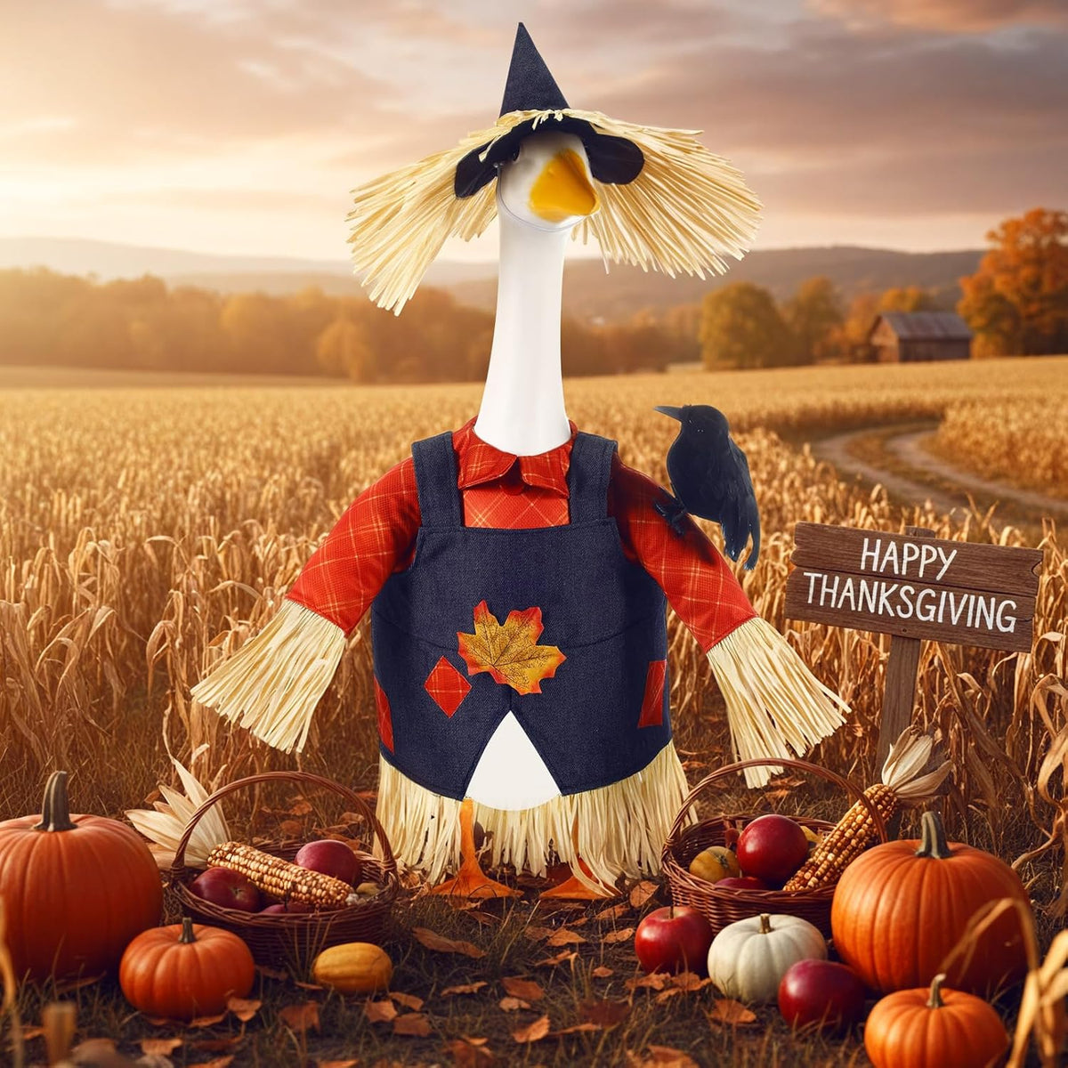 3 Pcs Thanksgiving Scarecrow Porch Goose Outfits for 23 Inch Lawn Statue Goose Design with Hat