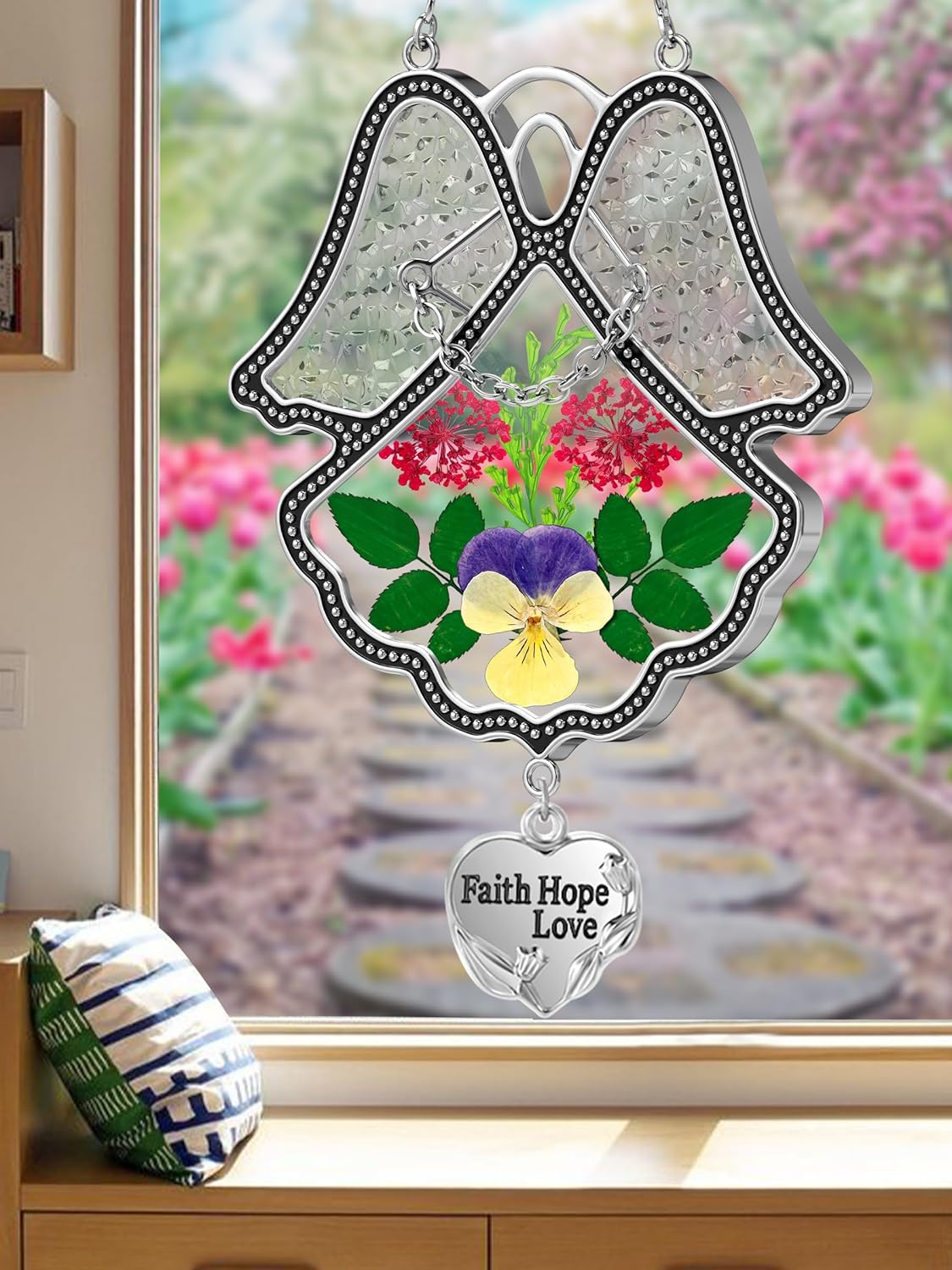 KY&BOSAM Angel Suncatcher Faith Hope Love Stained Glass Panels for Windows Hangings Wind Chime with
