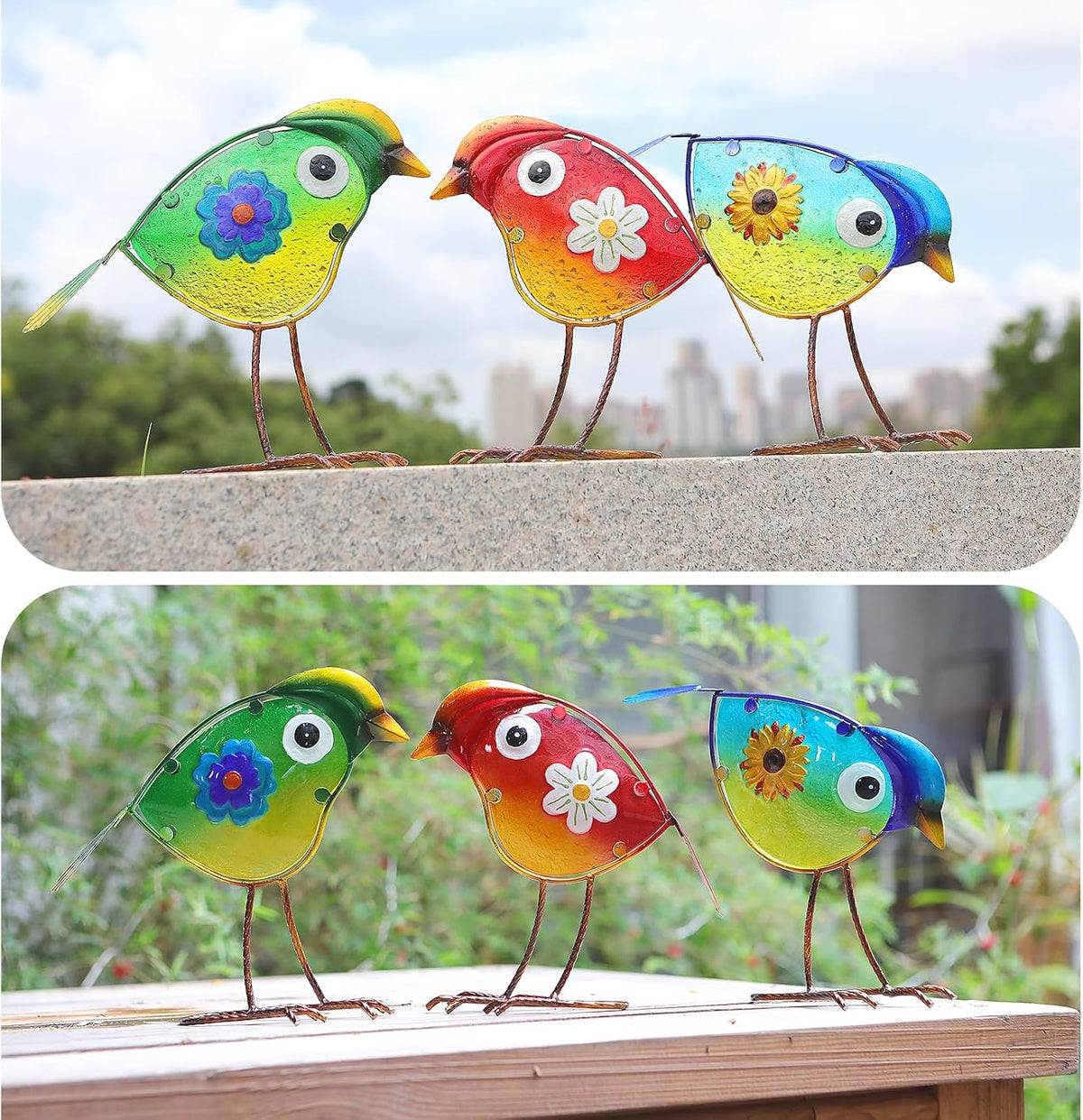 Bird Garden Decor for Outside, Glass & Metal Yard Art Decorations Outdoor Decor for Patio Backyard