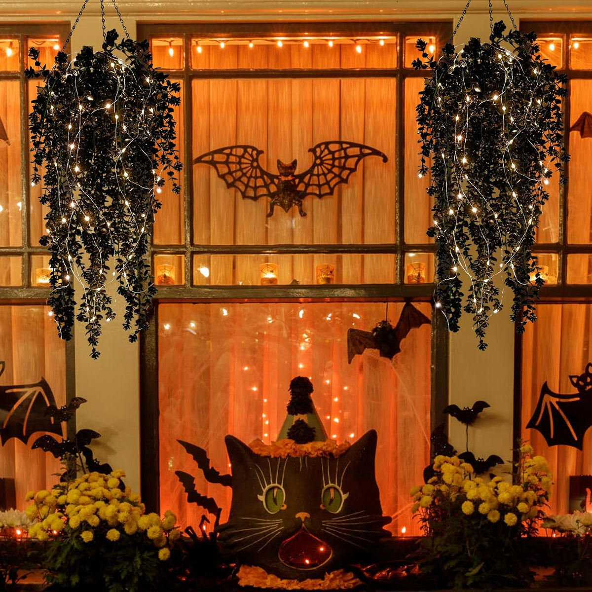 Black Hanging Flowers with Lights Faux Hanging Plants Black Artificial Hanging Plant Fake Greenery