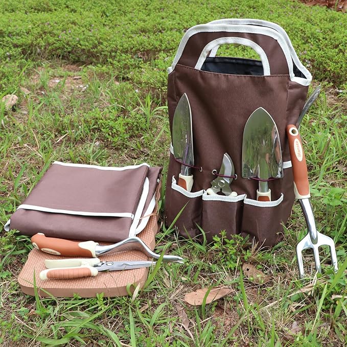 Brown Gardening Tools Set 12-Piece, Garden Hand Tool Kit with Non-Slip Ergonomic Handle, Storage