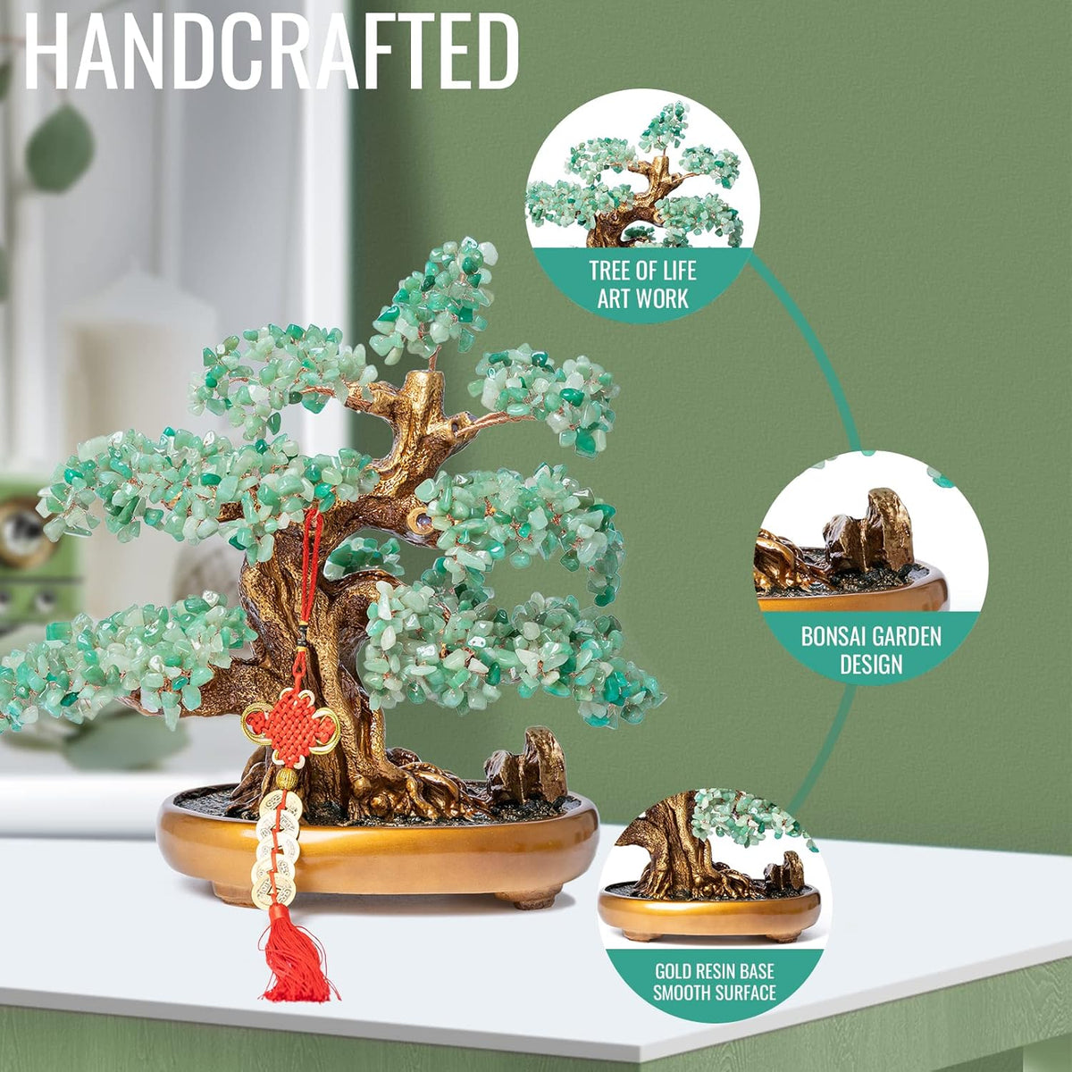 Green Aventurine Gemstone Crystal Bonsai Tree of Life Large Feng Shui Money Chakra Tree for Luck