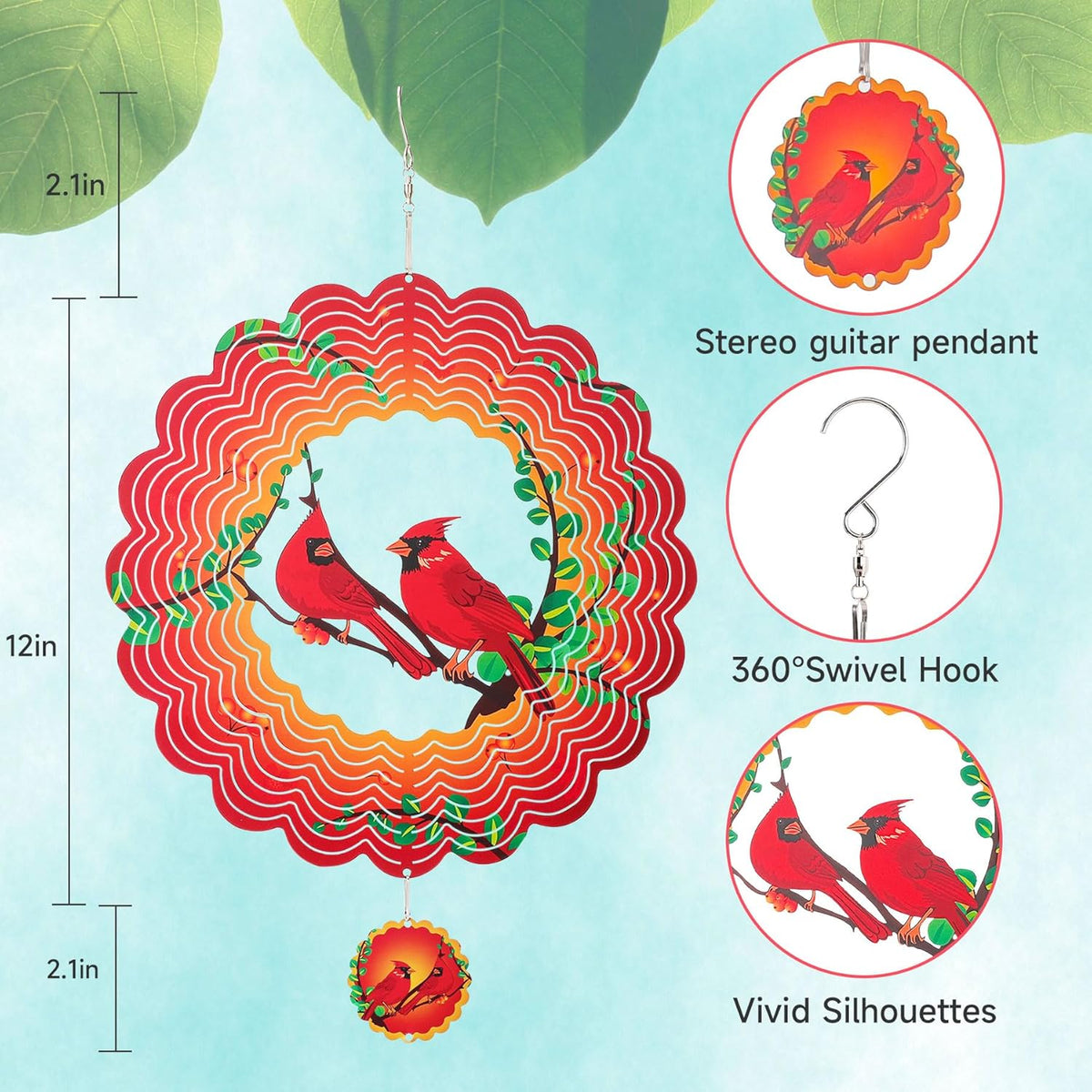 Cardinal Wind Spinners Garden Yard Decor Gift for Women Men, 12 Inch Outdoor Metal 3D Wind Spinner