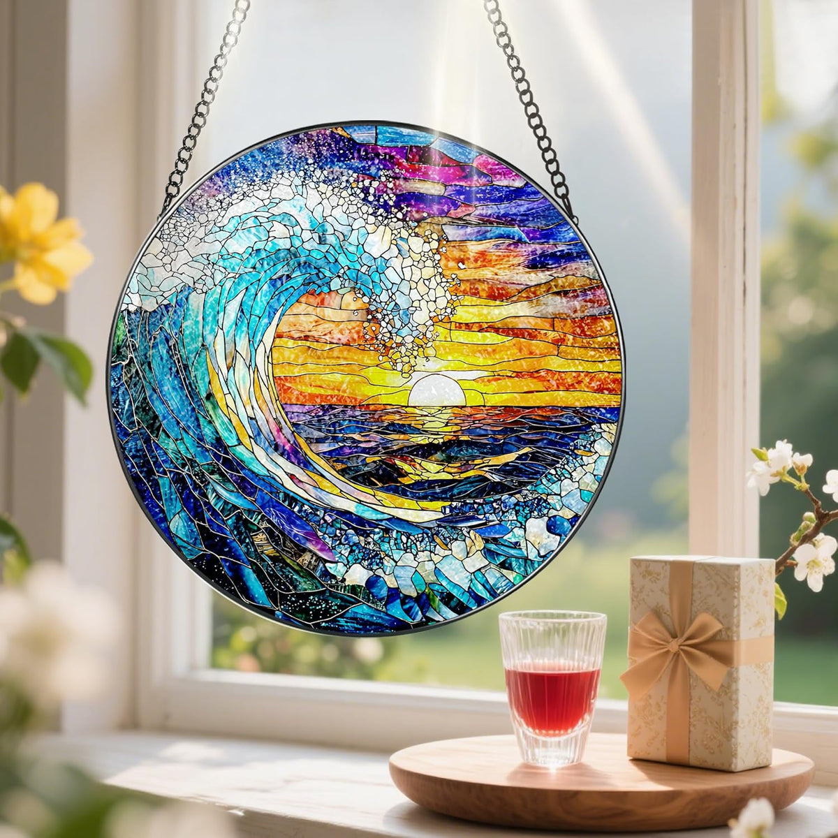 Stained Glass Window Hanging, Pauyadu 8 Inch Sea Waves Stained Glass Suncatcher, Sunset on The