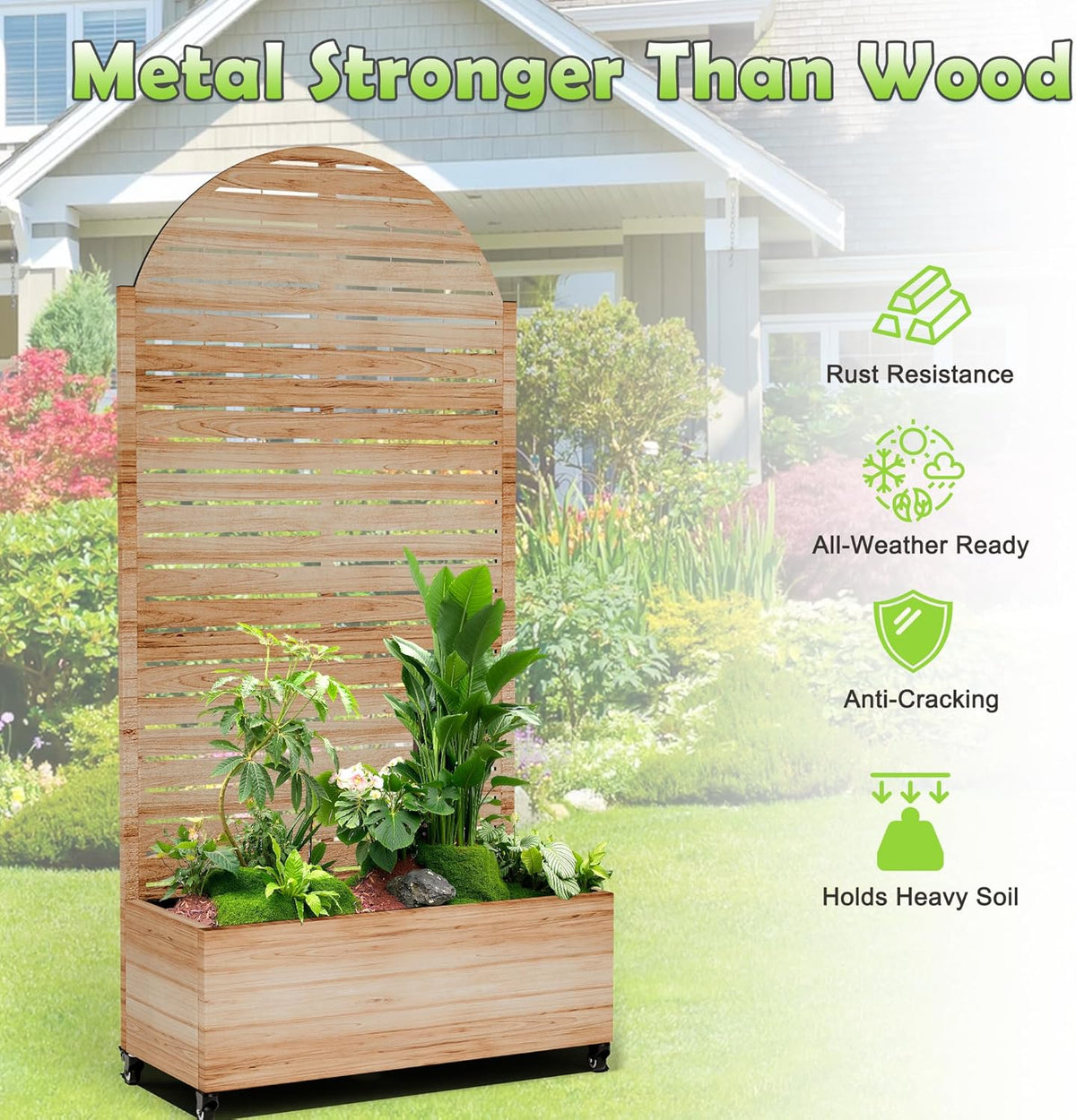 15.7"×70.9"×35.4" Metal Raised Garden Bed with Trellis and Wheels - Tall Trellis Planter Box for