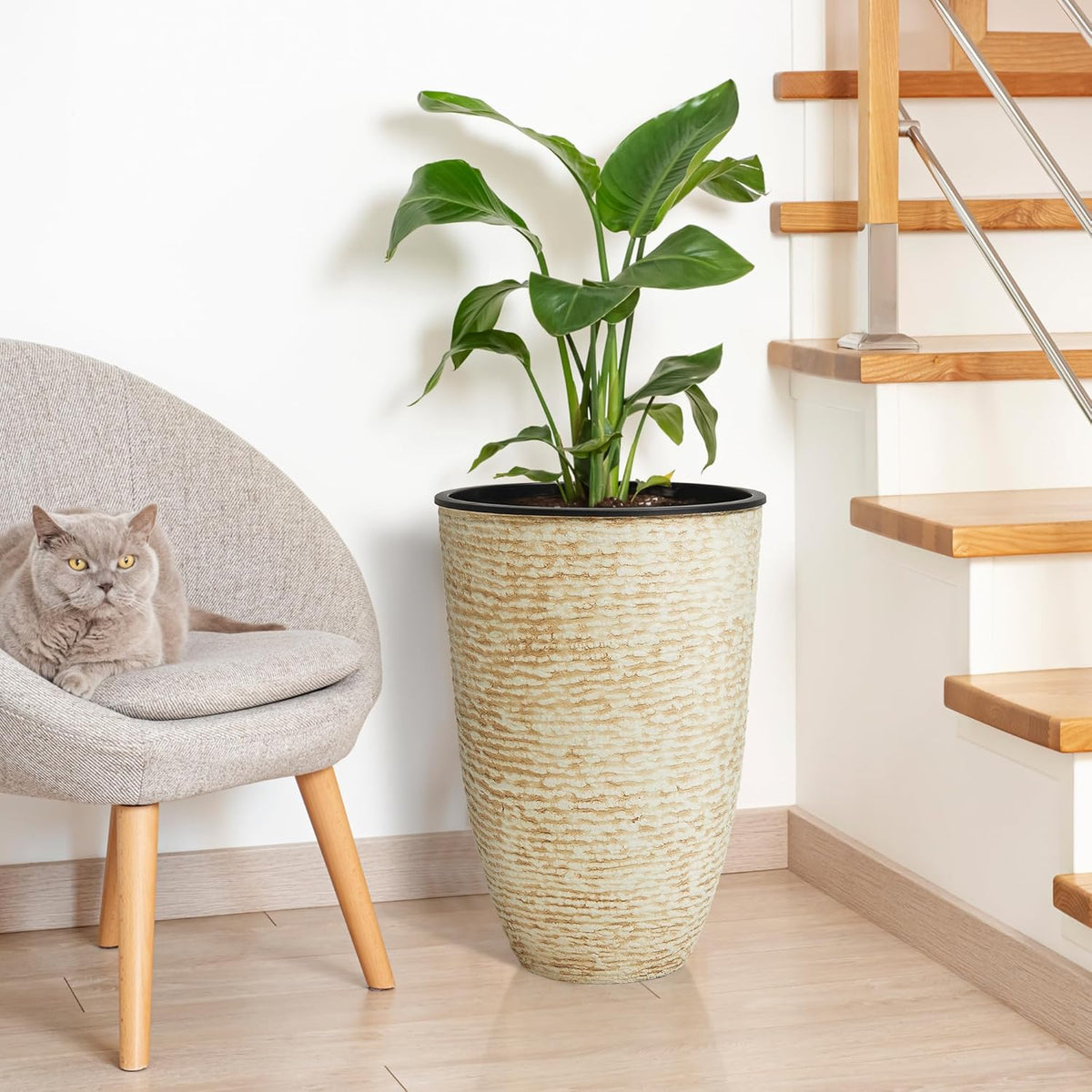 WORTH Garden 2-Pack 21" H. Beige Tall Planters with Inside Pots - 14'' Dia Plastic Large Round