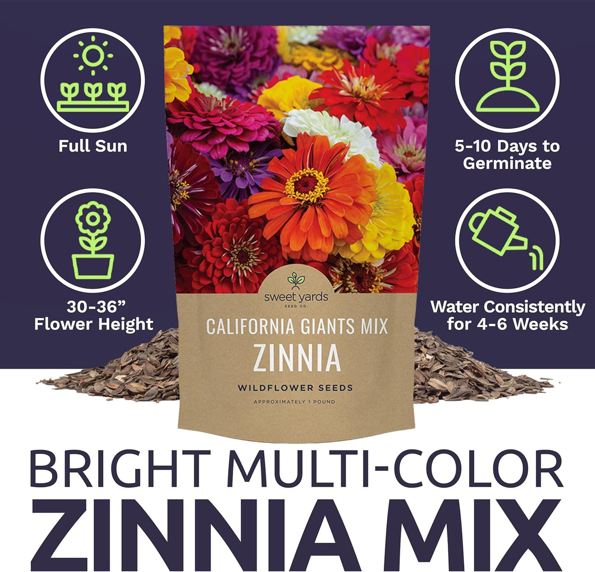 Bulk Zinnia Seeds - California Giants Mix - 5 Pounds - Over 240,000 Flower Seeds - Mixed Colors and