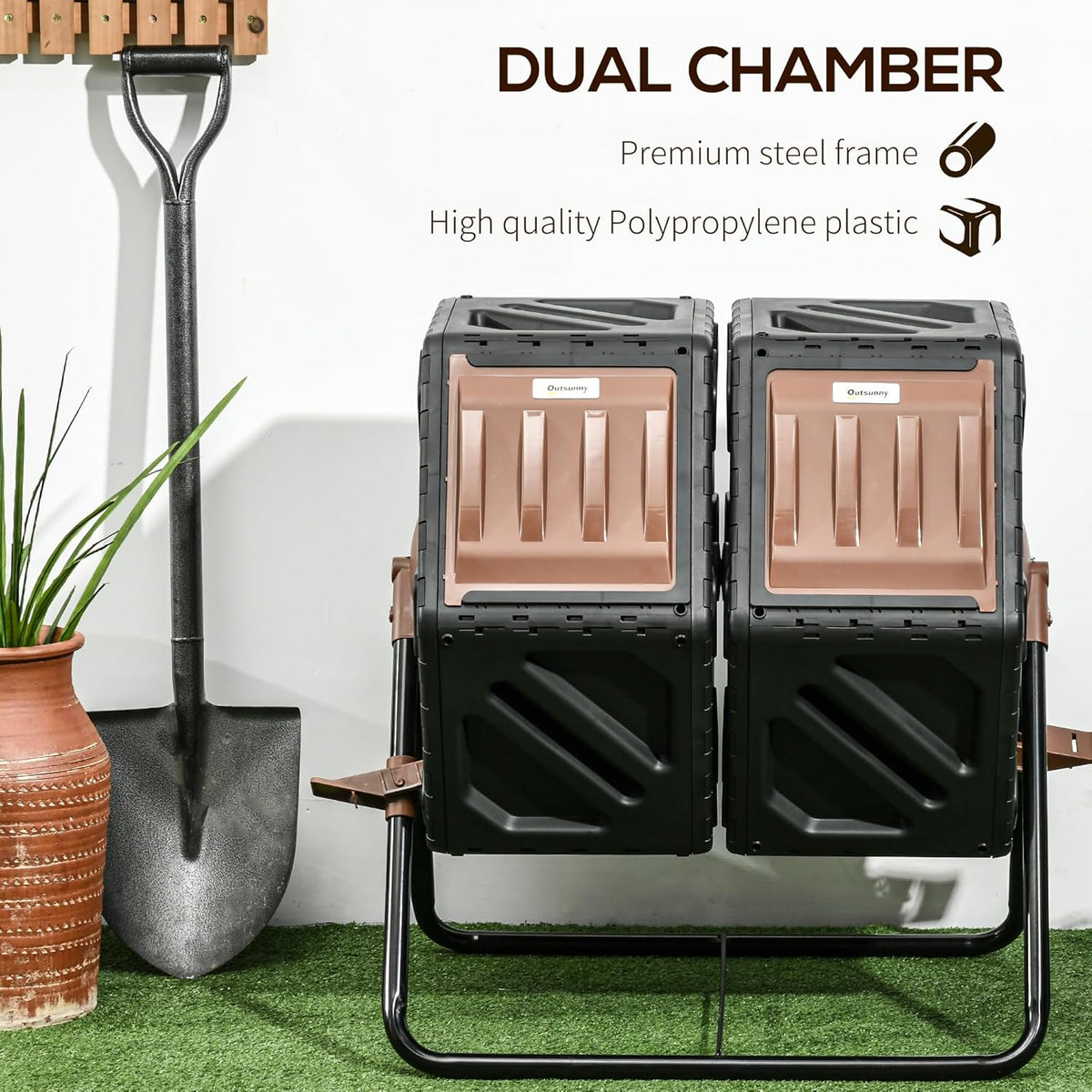 Outsunny Dual Chamber Compost Tumbler Bin, Outdoor Tumbling Composter with 24 Ventilation Openings