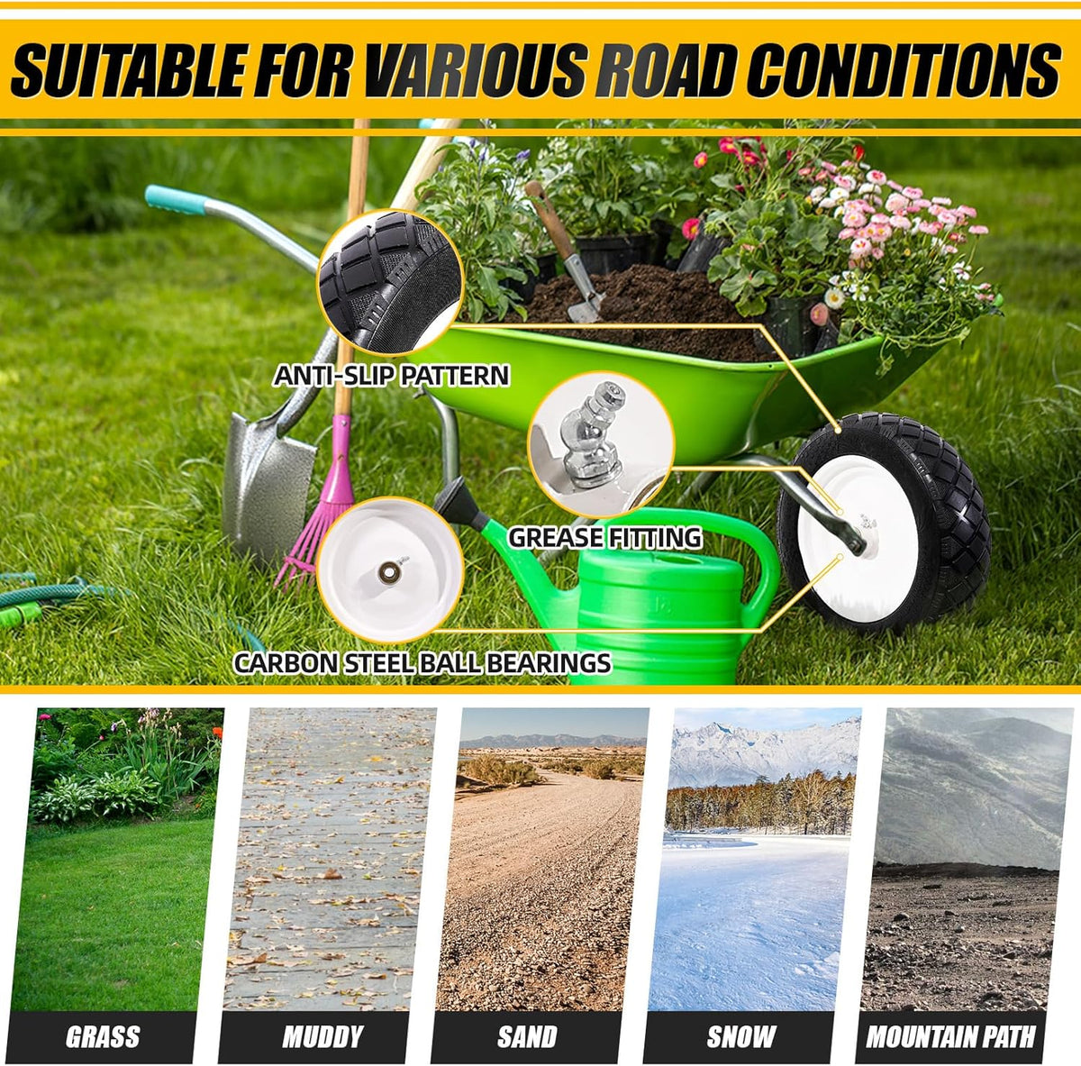 MZREXN 4.80/4.00-8" Flat Free Tire and Wheel 15" Solid Wheelbarrow Tires, 3.00-4.00/4.80-8" with