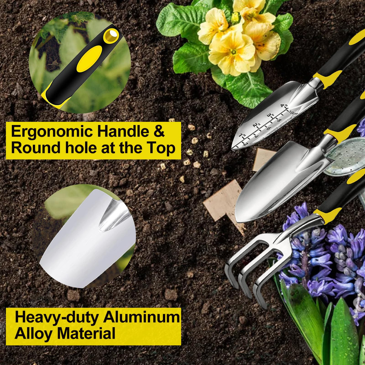 Garden Tool Set, 3 Piece Gardening Tools Includes Garden Trowel, Transplant Trowel and Hand Rake