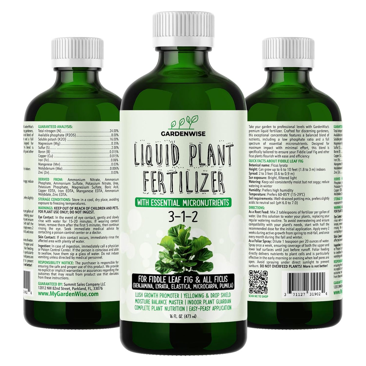 3-1-2 Liquid Fertilizer Concentrate with Micronutrients - Optimal Fiddle Leaf Fig Plant Food, Ideal
