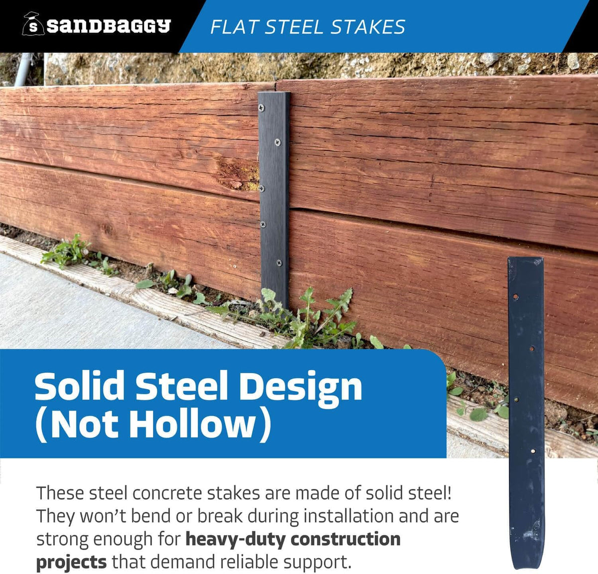 Sandbaggy Flat Steel Stakes for Concrete Forms with Nail Holes - 1.5" Wide - Painted - Removable