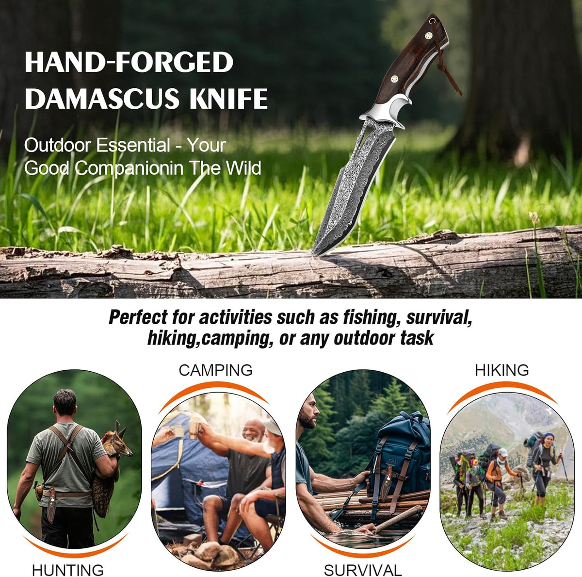 Handmade Damascus Hunting Knife,10.4"Fixed Blade Bowie Knife with Leather Sheath,Real Damascus